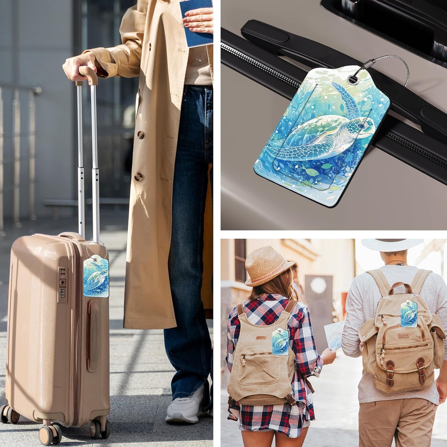 2 Pack Sea Turtle Luggage Tags, Leather Luggage Tags for Suitcases, Privacy Cover ID Label with Stainless Steel Loop & Address Card, Funny Sea Turtle Travel Bag Tag Luggages Accessories for Suitcases