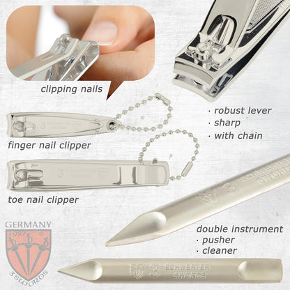 3 Swords Germany – brand quality 8 piece manicure pedicure grooming kit set for professional nail care with synthetic leather case black - Made in Germany