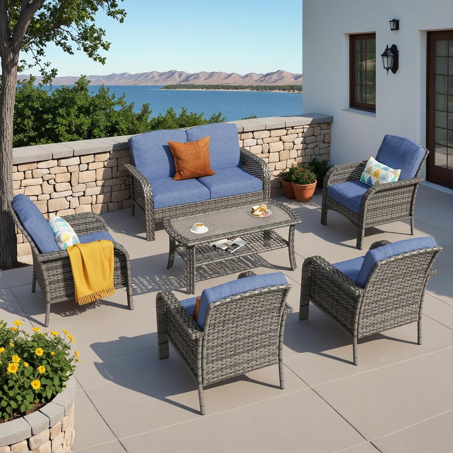 HOOOWOOO Patio Furniture Set,6 Pieces Outdoor Conversation Set,All Weather Wicker Loveseat Sofa Set with High Back Chairs Table,Denim Blue