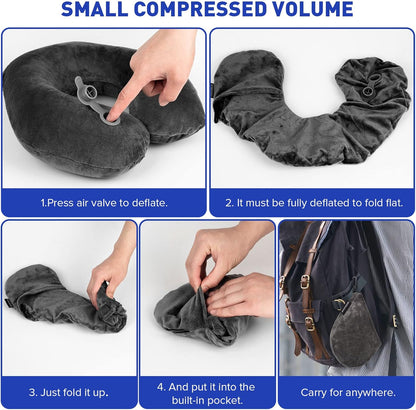 Rewondah Inflatable Travel Pillow, Inflatable Neck Pillow for Traveling Airplane, Travel Pillow with Soft Velour Washable Cover, U Shape Blow Up Neck Pillow for Airplanes Train Car Travel