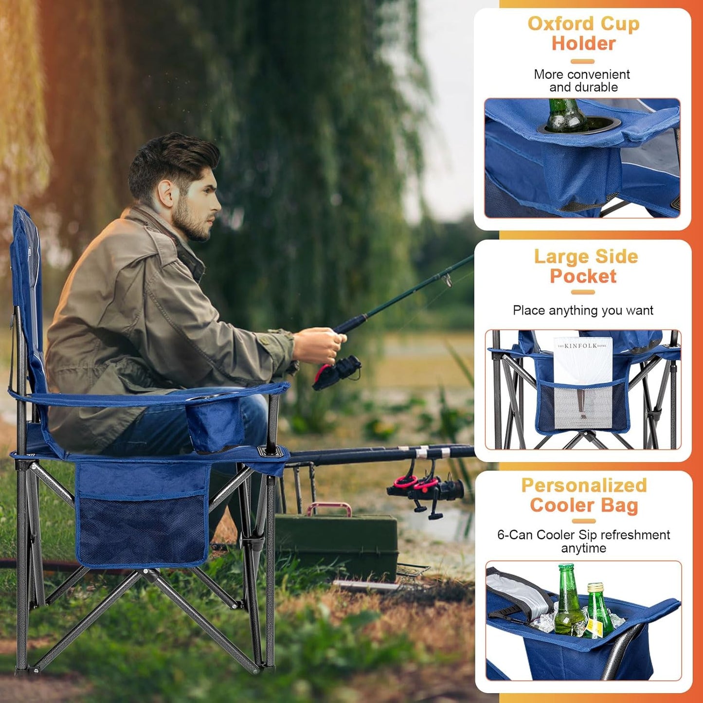 Romswi Oversized Camping Chairs,Heavy Duty Support 500 LBS,Padded Back & Arm Sport Chairs, Cup Holder Cooler Bag, Collapsible Folding Chairs for Outdoor, Fishing & Garden, Blue,2-Pack
