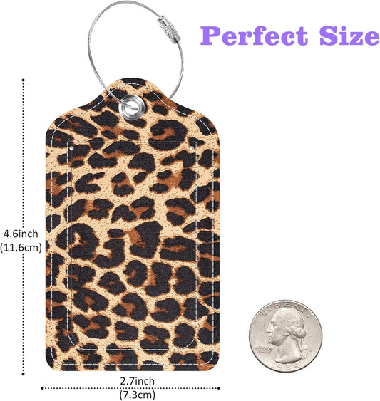 Set of 2 Luggage Tags Brown Leopard Texture Leather Suitcases Tag with Privacy Cover Stainless Steel Loop and Address Card for Women Men Travel