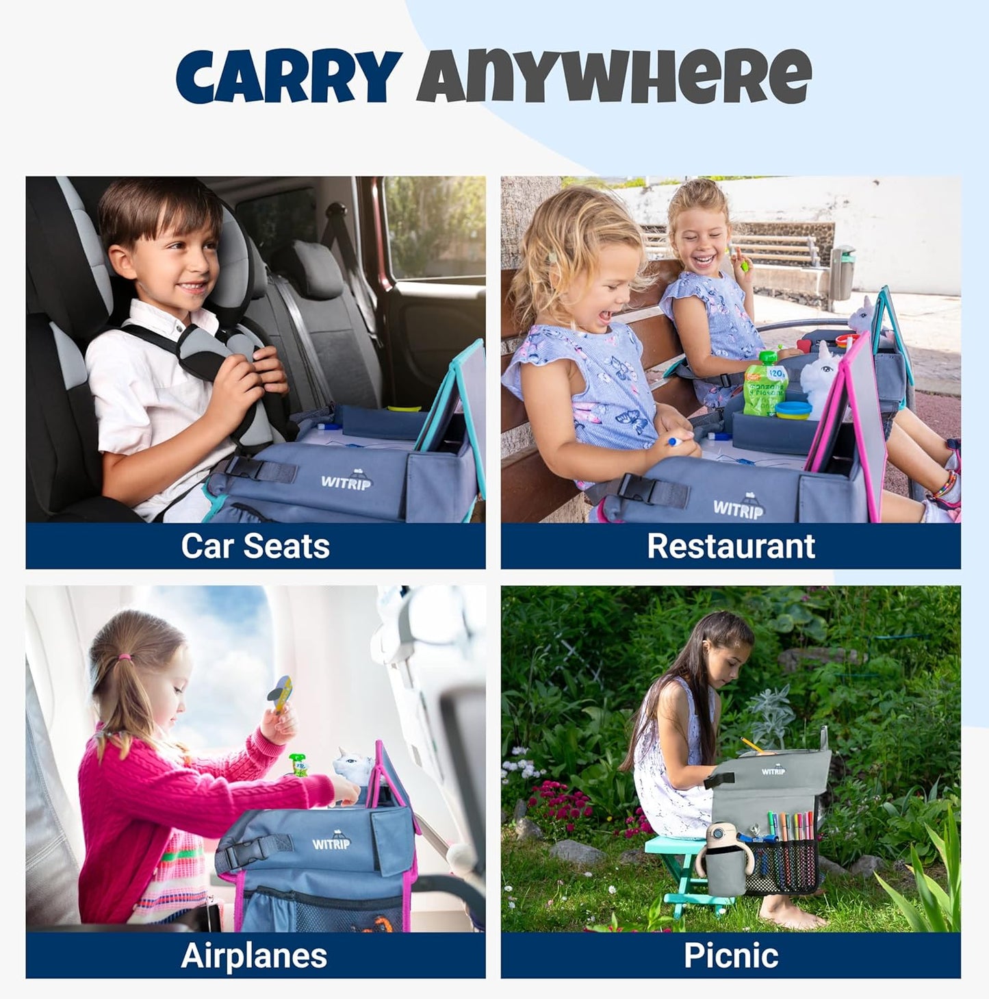 Kids Travel Tray with Dry Erase Board - Car Seat Tray for Kids Travel, Carseat Table Top for Toddler, Lap Desk for Car Seat, Activity Organizer & Snack Holder, Road Trip Essentials for Kid (Gray)
