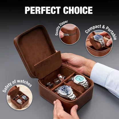 Awesometik Luxury Travel PU Leather Watch Case. Watch Storage Organizer. Watch Display & Watch Holder. Perfect For Watch Collection. Ready to Gift for Men (Brown/Brown, Engraved 2 Slot Watch Case)