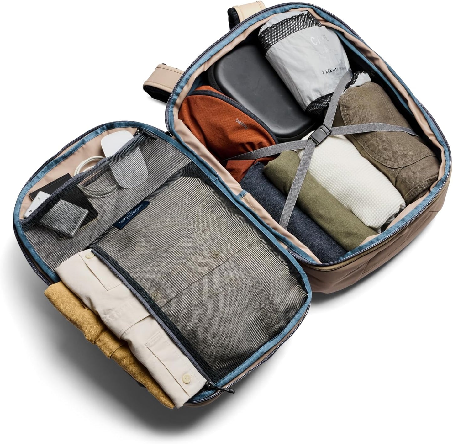 Bellroy Transit Travel Pack Pro (30–38 liter travel backpack, laptop sleeve, RFID protection zip bottle pocket) - Stone