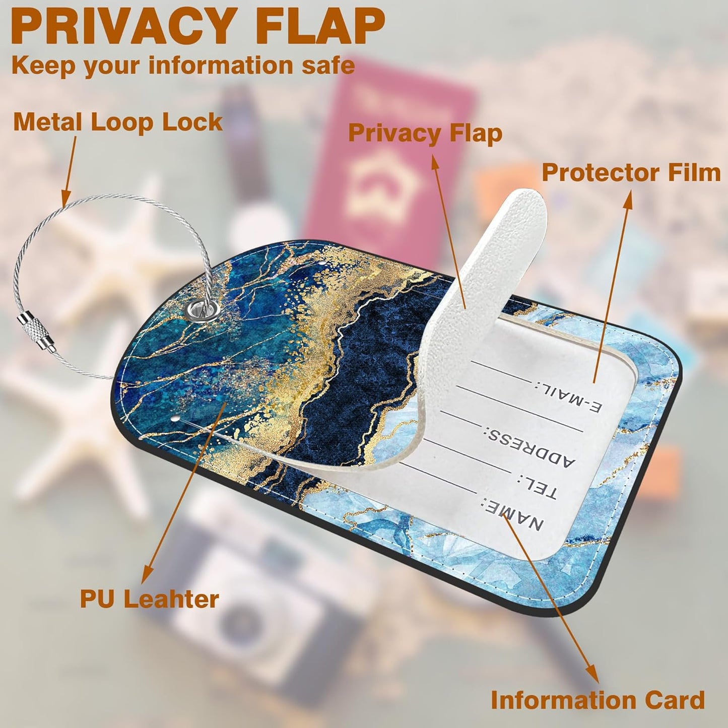 2 PCS Leather Luggage Tag for Suitcase Abstract Marble Travel Suitcase Labels with Privacy Name ID Label and Stainless Steel Loop for Adults Teens Travel Bag Labels Set