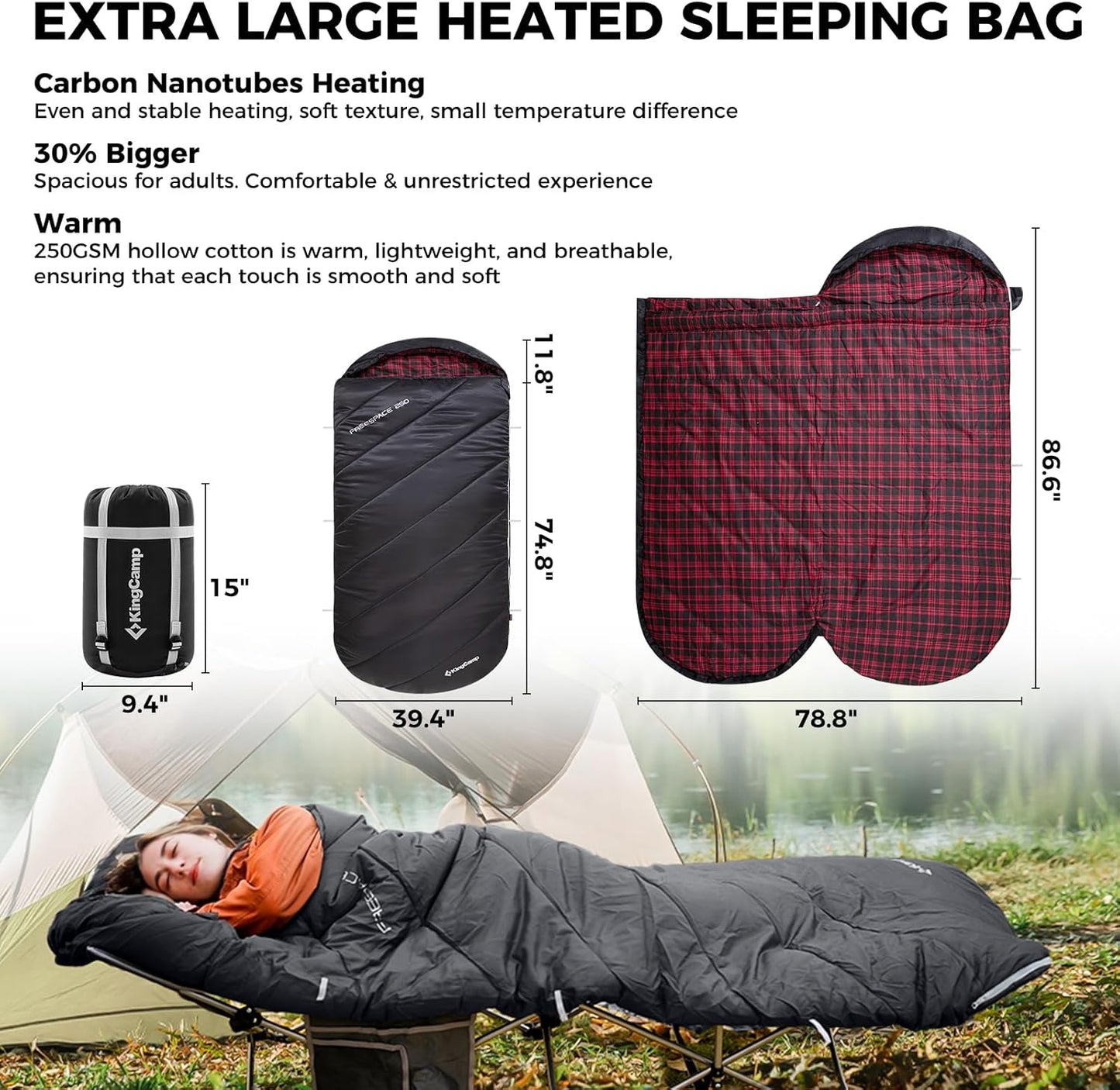 KingCamp Sleeping Bag for Adults, Cold Weather & Warm Extra Wide Big & Tall XL Portable Waterproof Flannel Sleeping Bags, Essentials Gear Accessories for Camping Backpacking Hiking Indoor & Outdoor