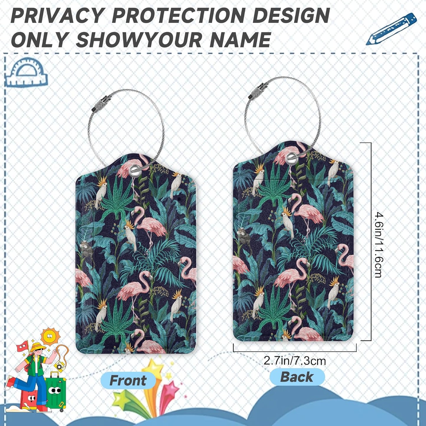 2 Pack Luggage Tag for Suitcase,Flamingo Parrots Leather Suitcase Tags Identifiers with Privacy Name Address Labels and Durable Steel Loop for Women Men Travel