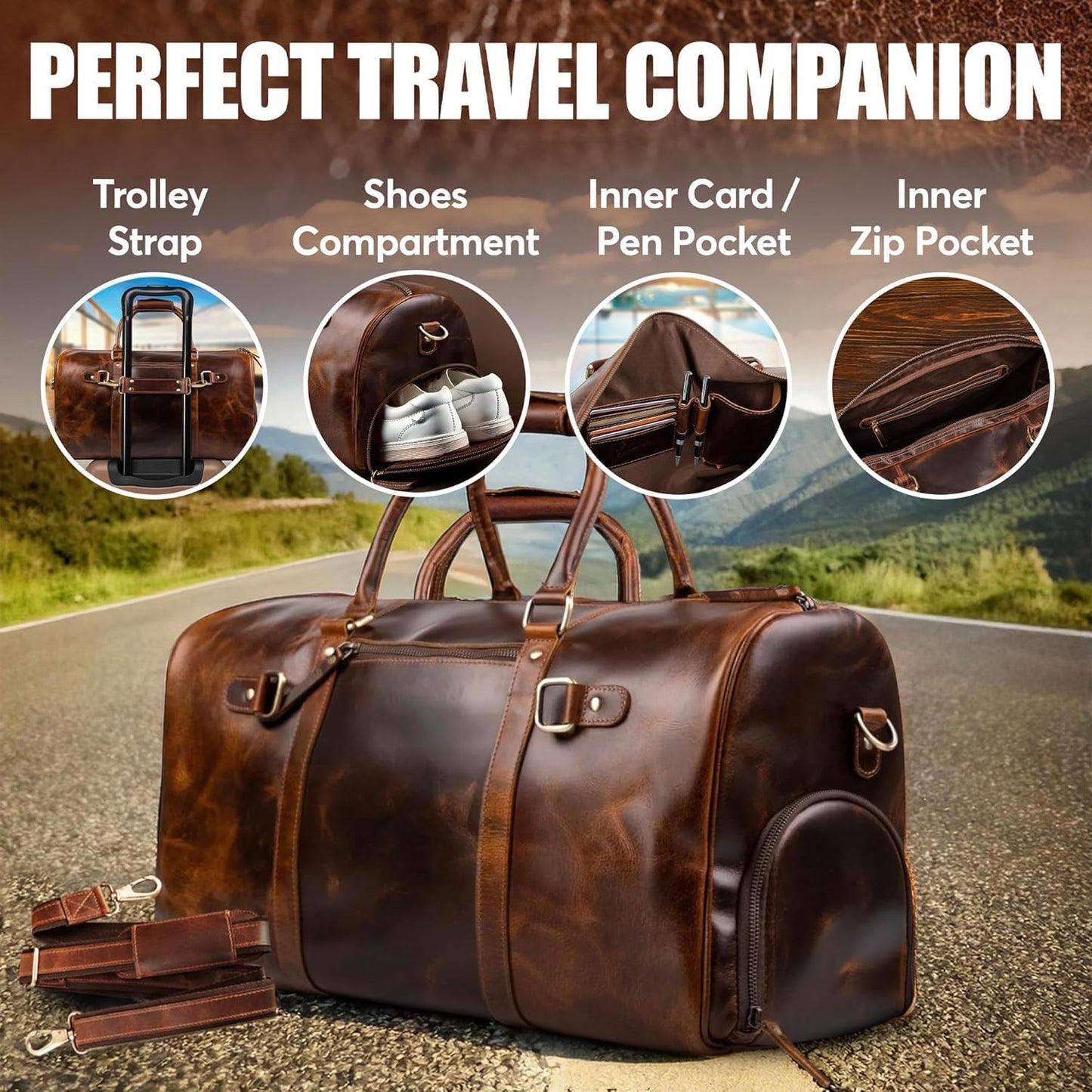 ELIZO Leather Duffle Bag For Men Women Real Full Garin Custom Travel Overnight Weekender Carry On Luggage Sports Gym Bags (Antique 20 Inch) Legacy