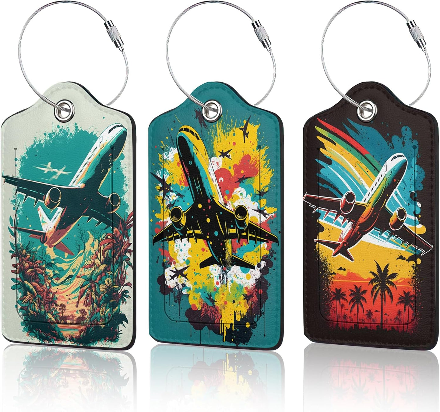 Airplane in The Sky Luggage Tags for Suitcase,3 Pack Luggage Tag Leather Privacy Cover ID Label with Stainless Steel Loop for Women Men