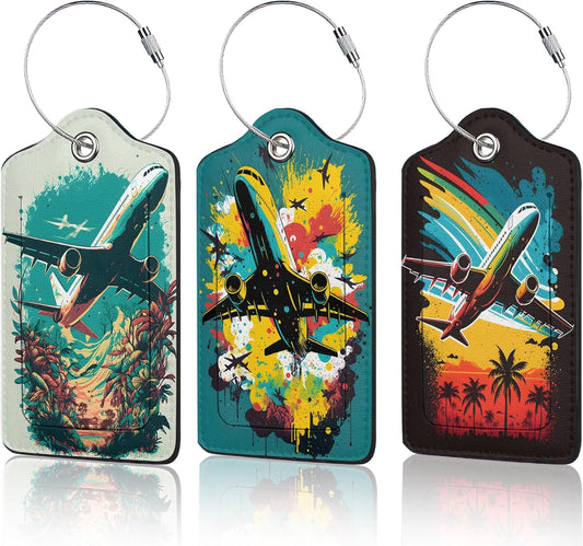 Airplane in The Sky Luggage Tags for Suitcase,3 Pack Luggage Tag Leather Privacy Cover ID Label with Stainless Steel Loop for Women Men