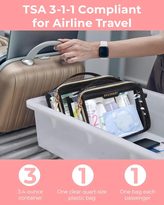 BAGSMART TSA Approved Toiletry Bag, Clear Travel Toiletry Bag, Makeup Cosmetic Pouch Bag for Women Quart Size Compliant Bag Organizer for Travel Essentials (Pink Pack of 2)