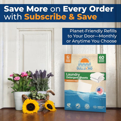 Gull Living Home Travel Laundry Detergent Sheets - 60 Loads Pack - Eco Laundry Detergent Sheets Unscented - Tackles Tough Stains - Travel Friendly