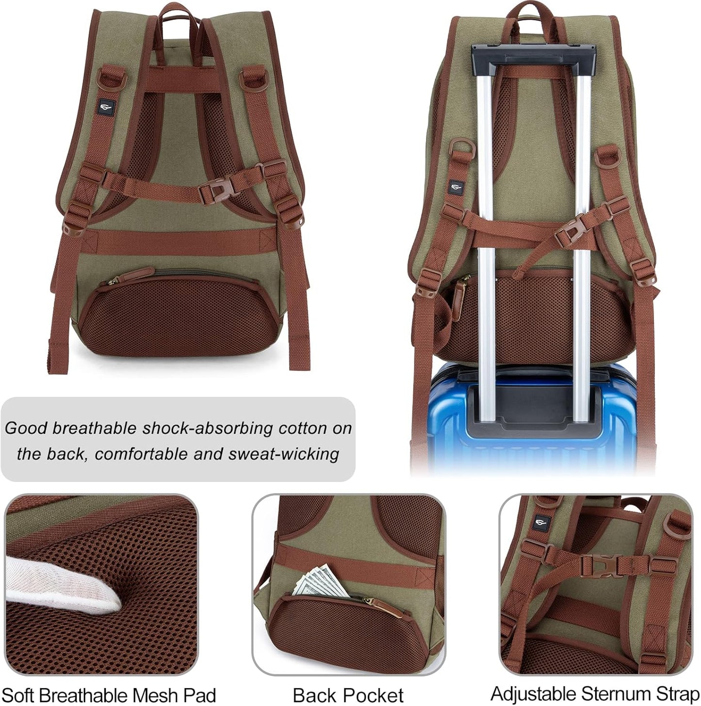 Tzowla Canvas Laptop College Backpack for Men and Women,Travel Work Vintage Rucksack with USB/Type-C Charging Port,Lightweight Hiking Casual Daypack Backpacks fit 15.6 inch Notebook,Green