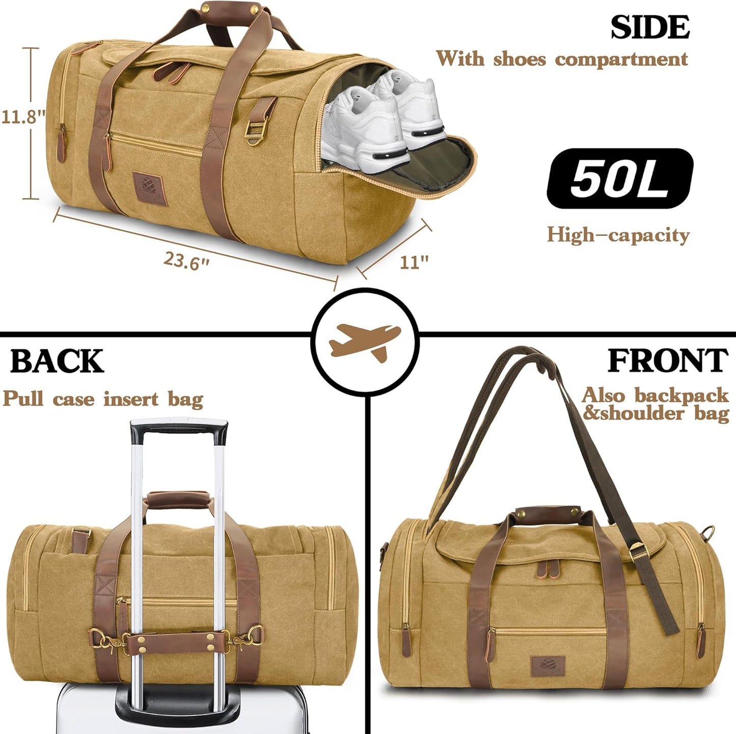 50L Duffle Bag for Men, Nomad Waxed Canvas Travel Duffel Bag Vintage Genuine Leather Travel Handbag Upgraded Weekender Overnight Backpack with Shoes Compartment (Khaki, Large-50L)