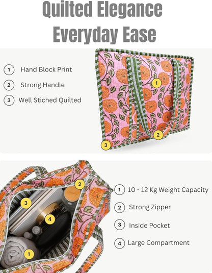 Cotton Quilted Tote Bag for Women – Large Beach & Travel Tote with Zipper, Reusable Grocery Bag