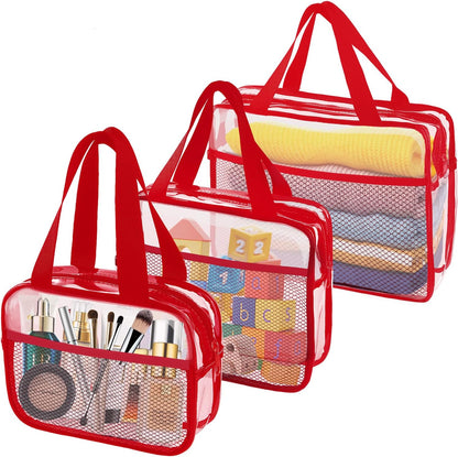 XEWEA Clear Travel Toiletry Bags, 3 Pack TSA Approved Transparent Makeup Bag for Men Women, Large Waterproof PVC Quart Organizer Kit with Zipper for Toiletries Airline Essential,Toy Storage Pouch Red