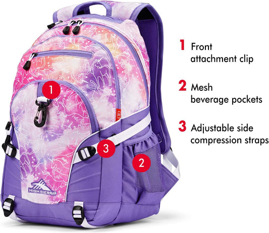 High Sierra Loop Backpack, Travel, or Work Bookbag with tablet sleeve, One Size, Unicorn Clouds/Lavender/White
