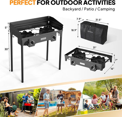 ROVSUN 2 Burner Outdoor Propane Gas Stove with Regulator, Windpanel & Carrying Bag, 150,000 BTU Powerful Stand Cooker for Backyard Cooking Camping Home Brewing Canning Turkey Frying