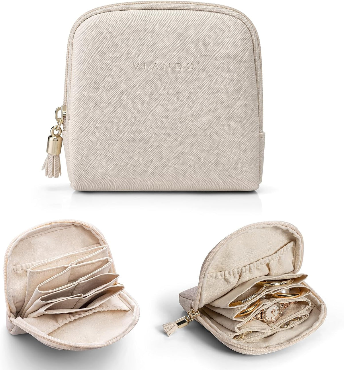 Vlando Mini Jewelry Travel Case,Jewelry Pouch Bags with Zipper,Velvet Jewelry Organizer Storage Bag for Bracelet Rings Earring Travel Essentials Gifts for Women Girl-Beige