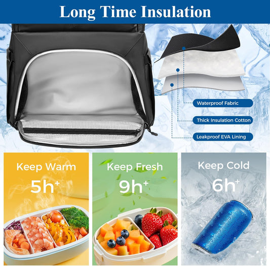 MATEIN Work Backpack with Lunch Compartment, Waterproof PU-coated Meal Prep Backpack for Men with Cutlery Pocket, Large 17 Inch Laptop Back Pack with USB Port, Insulated Cooler Bag for Office Picnic