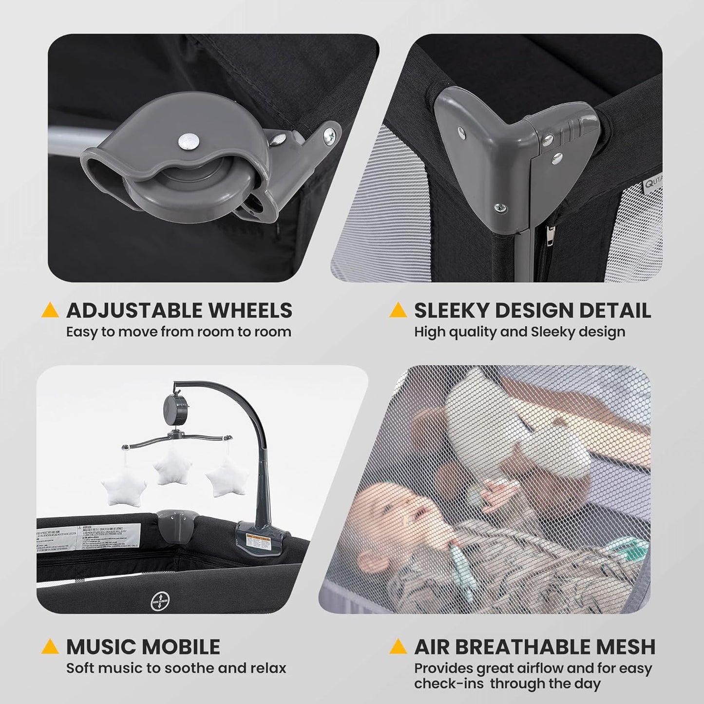 2-in-1 Pack and Play with Mattress,Baby Bassinet Bedside Sleeper, Bedside Bassinet & Baby Playpen, Easy Folding Portable Crib for Newborn to Toddlers (Dark Grey)