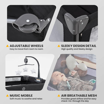 2-in-1 Pack and Play with Mattress,Baby Bassinet Bedside Sleeper, Bedside Bassinet & Baby Playpen, Easy Folding Portable Crib for Newborn to Toddlers (Dark Grey)