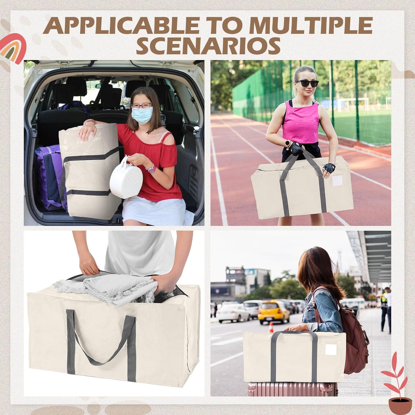 8 Pack Extra Large Moving Bags Heavy Duty Packing Bags with Extra Long Handles and Zippers Storage Totes for College Students Room Dorm Essentials Packing Supplies(Beige)