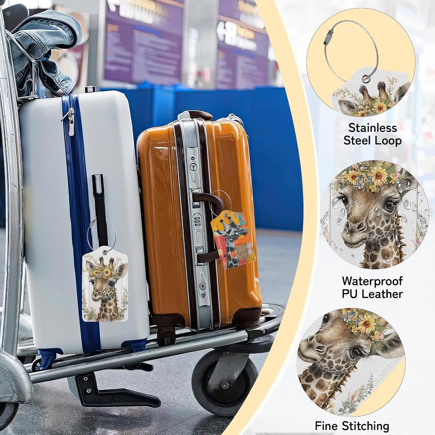 Cute Giraffe Luggage Tags for Suitcase,3 Pack Funny Luggage Tag Leather Privacy Cover ID Label with Stainless Steel Loop for Women Men