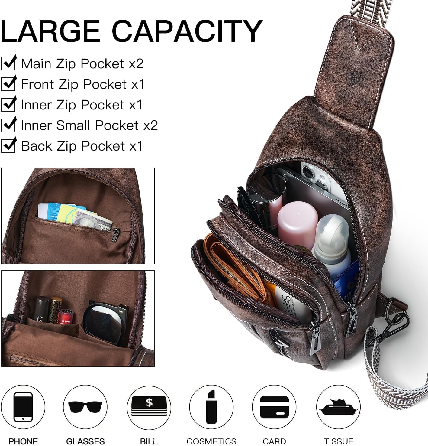 7L Sling Bag for Women Men Leather Small Sling Backpack Daypack Anti Theft Fanny Pack Crossbody Purse Travel