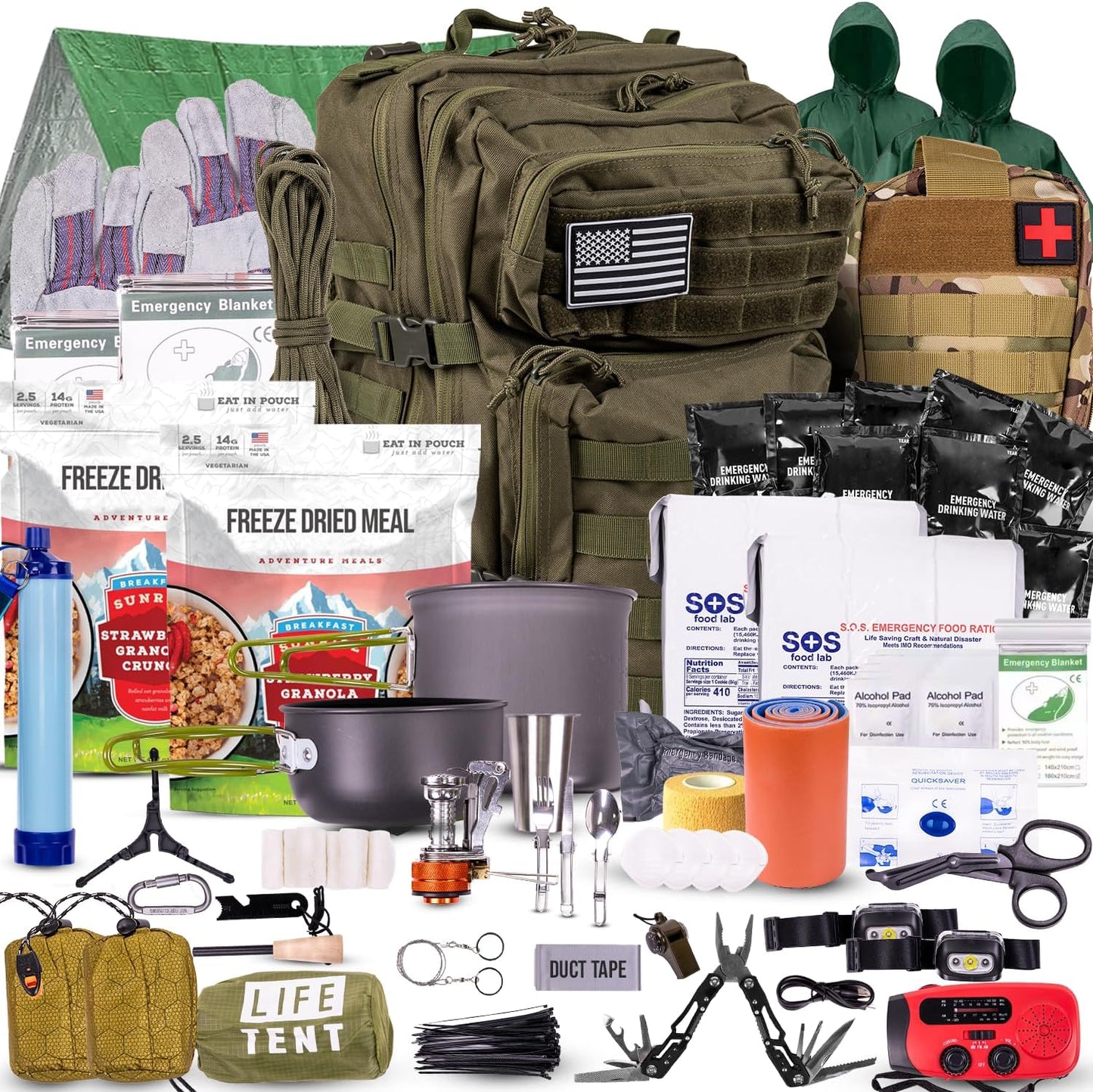 72-Hour Survival Kit | Emergency Bug Out Bag with First Aid, Water Filter, Food, Tools | 45L Tactical Backpack for Camping, Hiking, Outdoor Emergency Preparedness