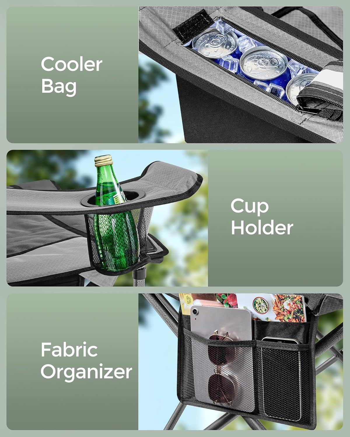 SONGMICS Oversized Lumbar Support Camping Chair, Heavy-Duty Outdoor Folding Chair Comfortable, Padded, Glamping, Cooler Bag, Weight Capacity 450 lb, Slate Gray UGCB066G01