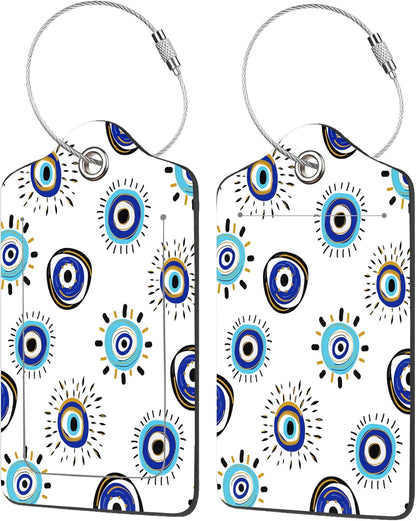 2 Pack Luggage Tag for Suitcase,Evil Eye PU Leather Suitcase Tags Identifiers with Privacy Name Address Labels and Durable Steel Loop for Women Men Travel