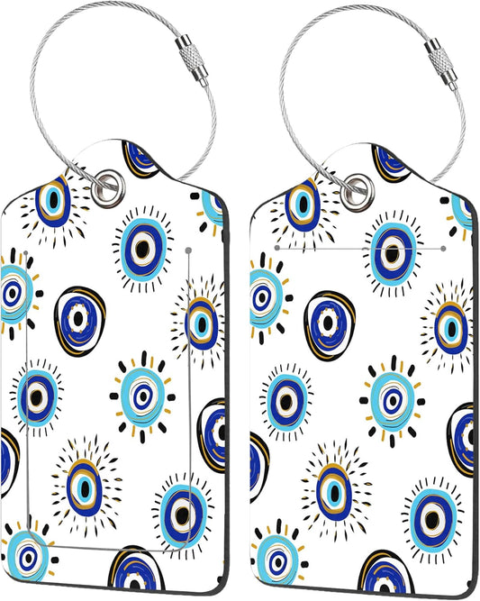 2 Pack Luggage Tag for Suitcase,Evil Eye PU Leather Suitcase Tags Identifiers with Privacy Name Address Labels and Durable Steel Loop for Women Men Travel