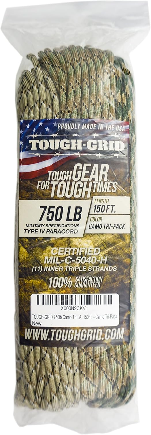 TOUGH-GRID 750 Paracord Rope Nylon Parachute Cord, Made in USA Survival Kit, Outdoor Adventures, Camping, Tactical Gear & Emergency Supplies, Military Type IV Mil-Spec