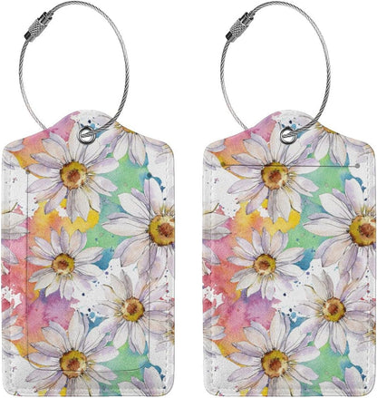 Colorful Daisy Flower Luggage Tags Suitcase Tag Privacy Name ID Card Spring Floral Travel Bag Labels with Stainless Steel Loop for Women Men Girls Set of 2