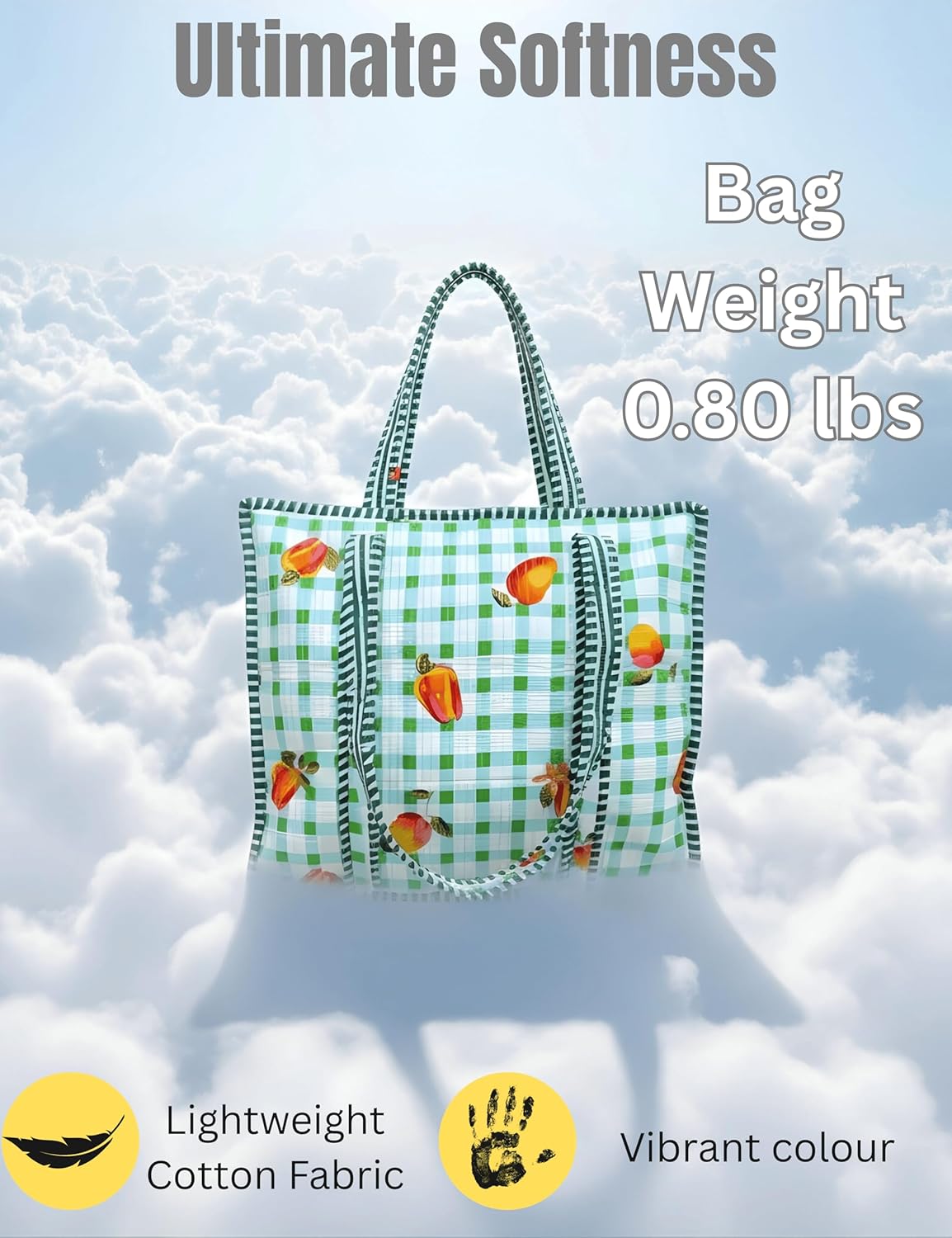 Cotton Quilted Tote Bag for Women – Large Beach & Travel Tote with Zipper, Reusable Grocery Bag