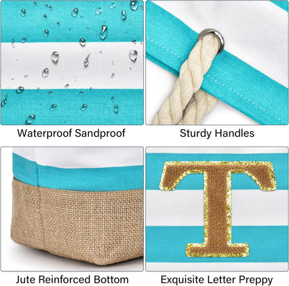 Becokan Beach Bag Initial Beach Tote with Makeup Bag for Travel Work Storage Personalized Birthday Gifts for Women Her