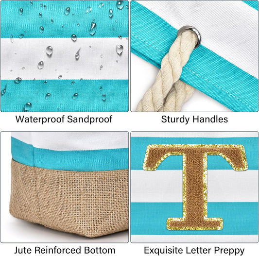 Becokan Beach Bag Initial Beach Tote with Makeup Bag for Travel Work Storage Personalized Birthday Gifts for Women Her