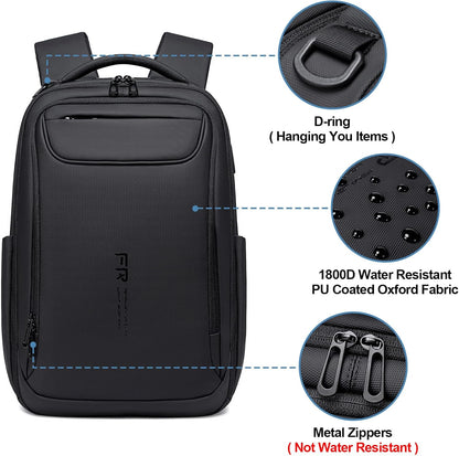 FENRUIEN Expandable Travel Backpack 15.6 Inch, Water Resistant Backpack with USB Charging Port, Black Laptop Bag for Work/Commuter/College