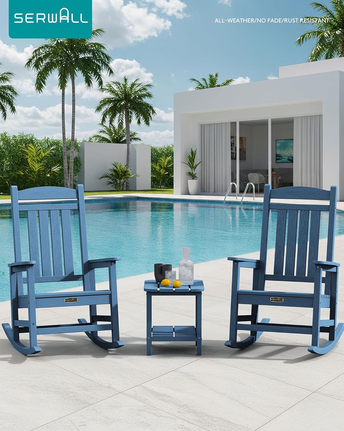 SERWALL Outdoor Rocking Chair Set of 2, HDPE Patio Rocking Chair All-Weather Porch Rocker for Balcony, Yard, Blue