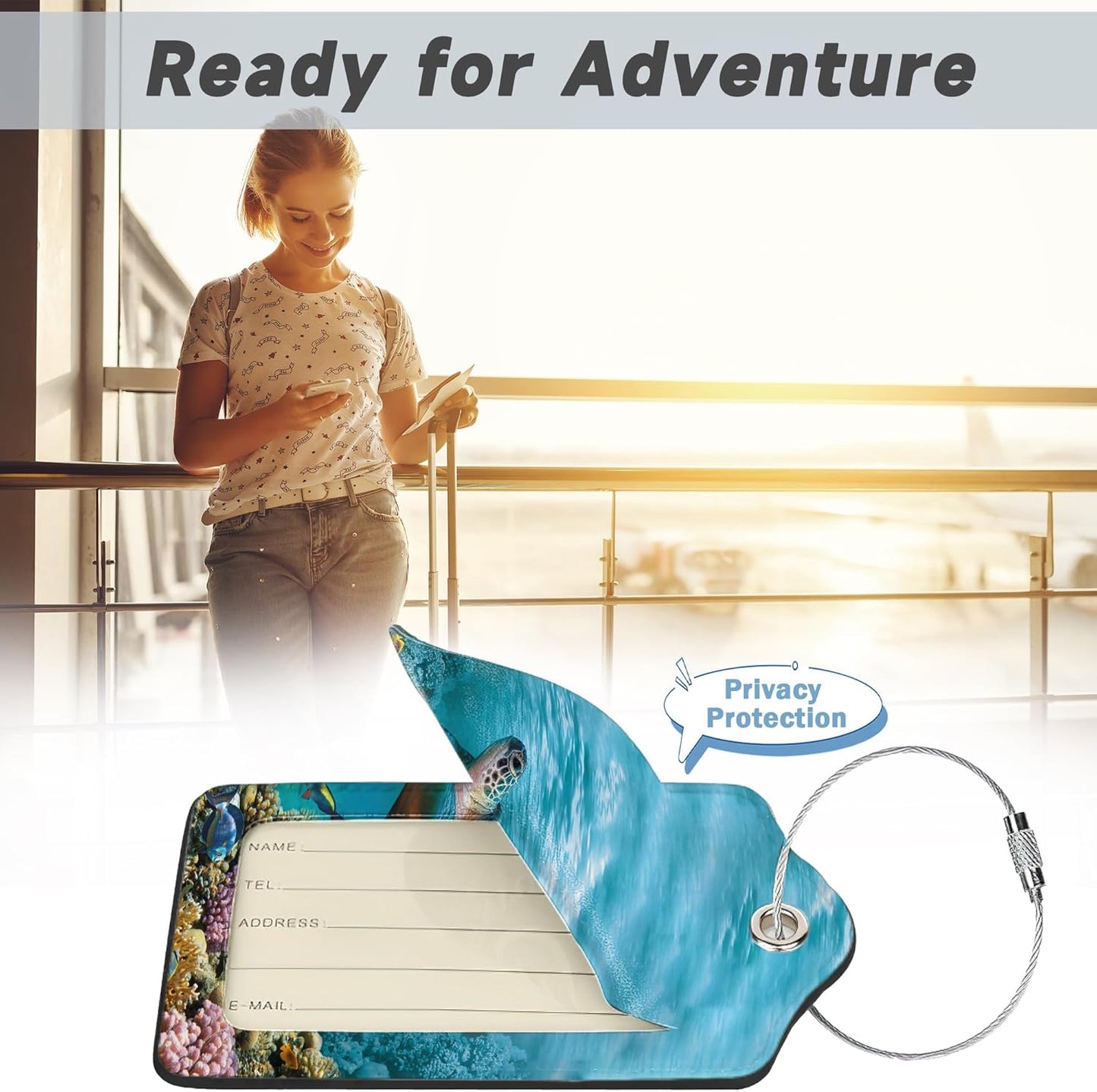 Set of 2 Luggage Tags for Suitcases, Leather Turtle Fish and Coral Baggage Tags with Stainless Steel Loop, Privacy Name ID Card Cover Kawaii Travel Labels for Women Men Kids Girls