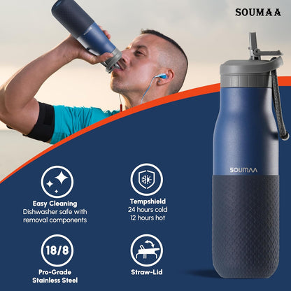 Insulated Stainless Steel Water Bottles with Straw, Wall Vacuum Insulated Water Bottle for Gym Traveling Camping Hiking Outdoor Activity(2 Cleaning Brushes+1 Carabiner, 18 oz Blue)