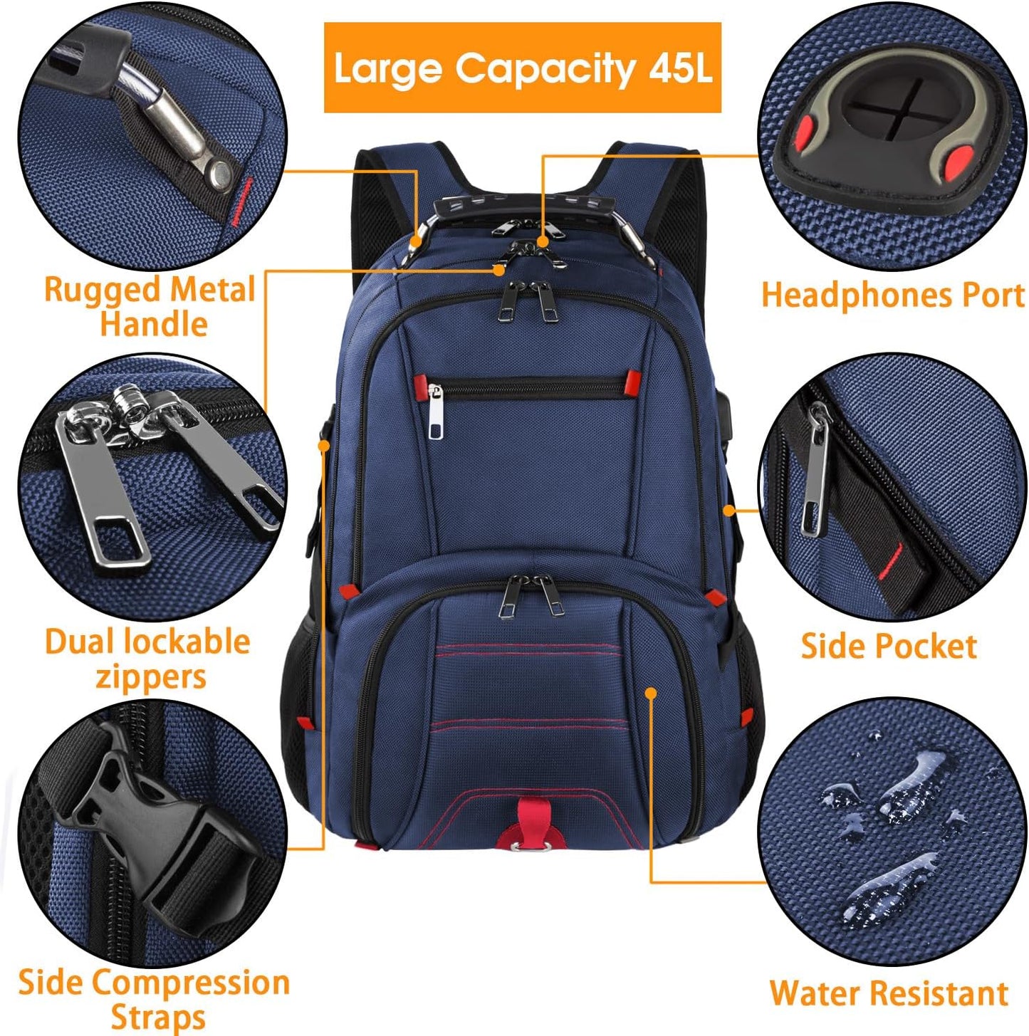 LTINVECK Extra Large 50L Travel Laptop Backpack, Computer bag Backbag with USB Charging Port, TSA Friendly Durable Big RFID Heavy Duty Business Tech Backpack Fits 17 Inch Laptops for Men Women, Blue