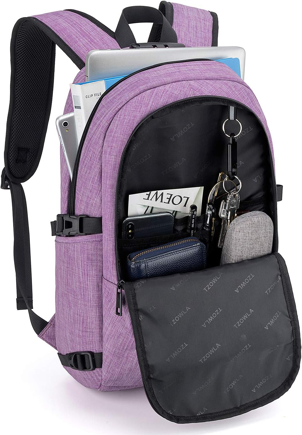Tzowla Business Laptop Backpack Water Resistant Anti-Theft Backpack with USB Charging Port and Lock 15.6 Inch Computer Backpacks for Women, Casual Hiking Travel Daypack(Purple)