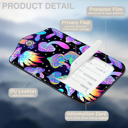 Colorful Mushrooms Set of 2 Luggage Tags for Suitcases Leather Suitcase Tags Identifiers with Privacy Name Address Label and Stainless Steel Loop for Women Men Travel Luggage Accessories