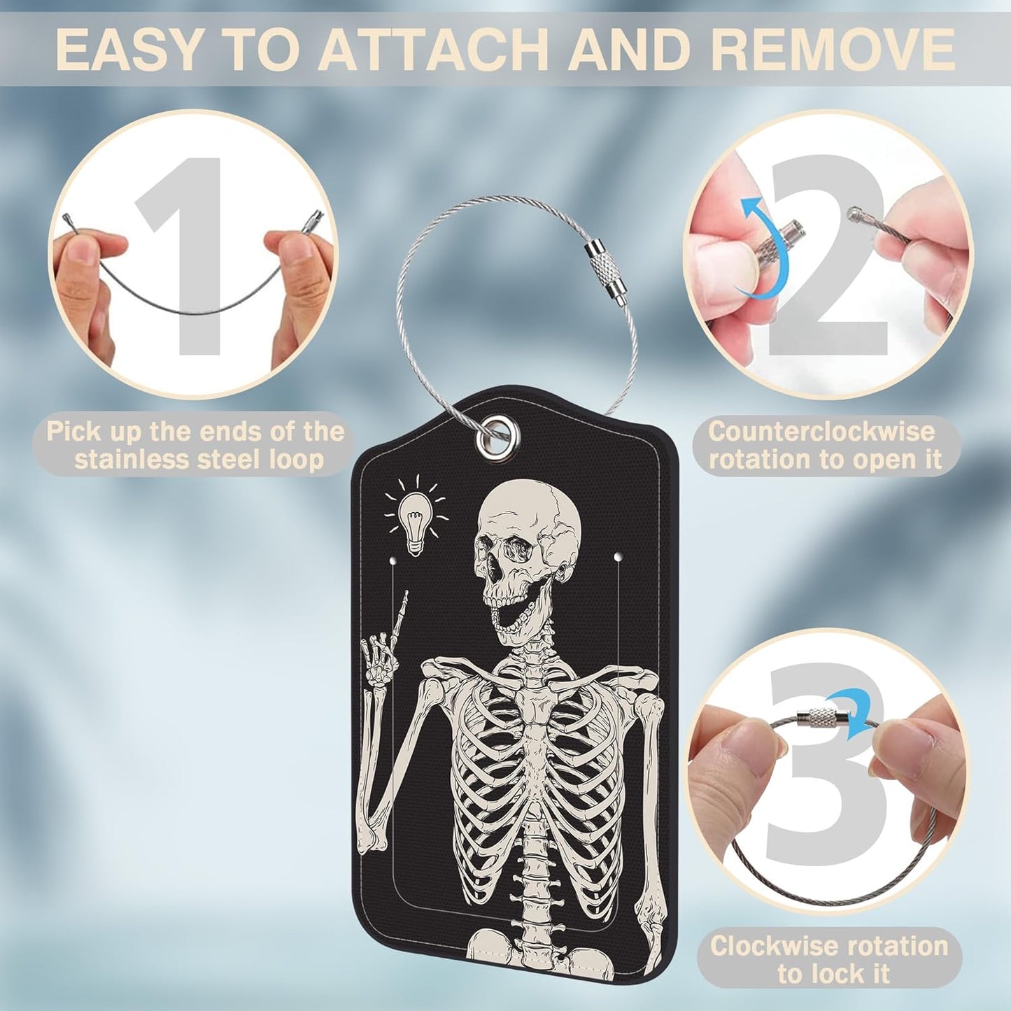 2 Pcs Human Skeleton Luggage Tags for Suitcases PU Leather Baggage Tags Name ID Label with Privacy Cover and Stainless Steel Loop for Men Women Travel Bag Suitcase