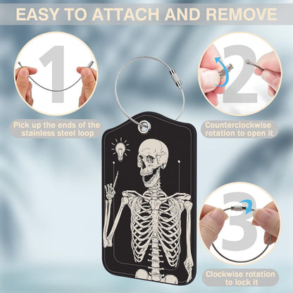 2 Pcs Human Skeleton Luggage Tags for Suitcases PU Leather Baggage Tags Name ID Label with Privacy Cover and Stainless Steel Loop for Men Women Travel Bag Suitcase