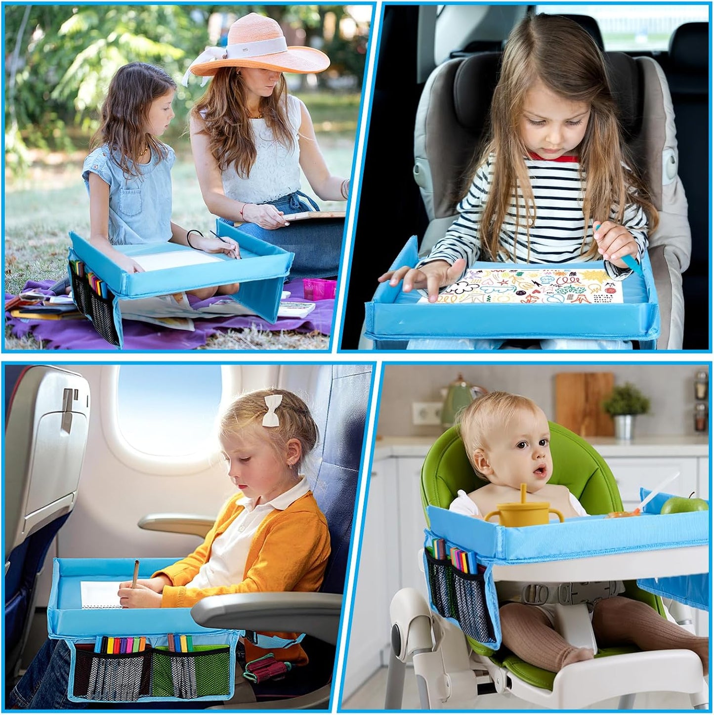 Children Auto Lap Pad - Travel Tray Tablet Holder，Car Seat Lap Tray for Toddlers, Kids，Use on Airplanes, Road Trips, Lap Desk，Tablet Holder and Carry Bag (Blue)