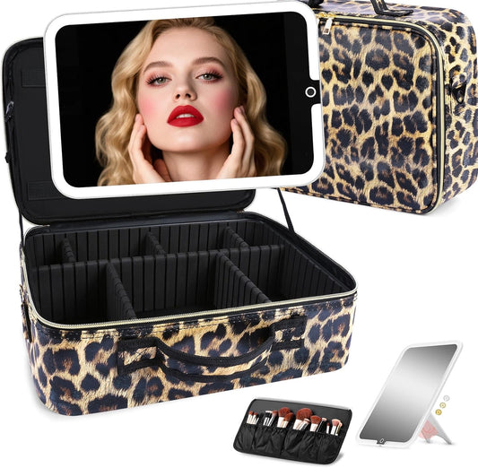 Large Travel Makeup Bag with LED Mirror, 3-Color Stepless Dimming Stand Mirror Detachable, with Adjustable Divider, Makeup Brush Holder Storage (Leopard)